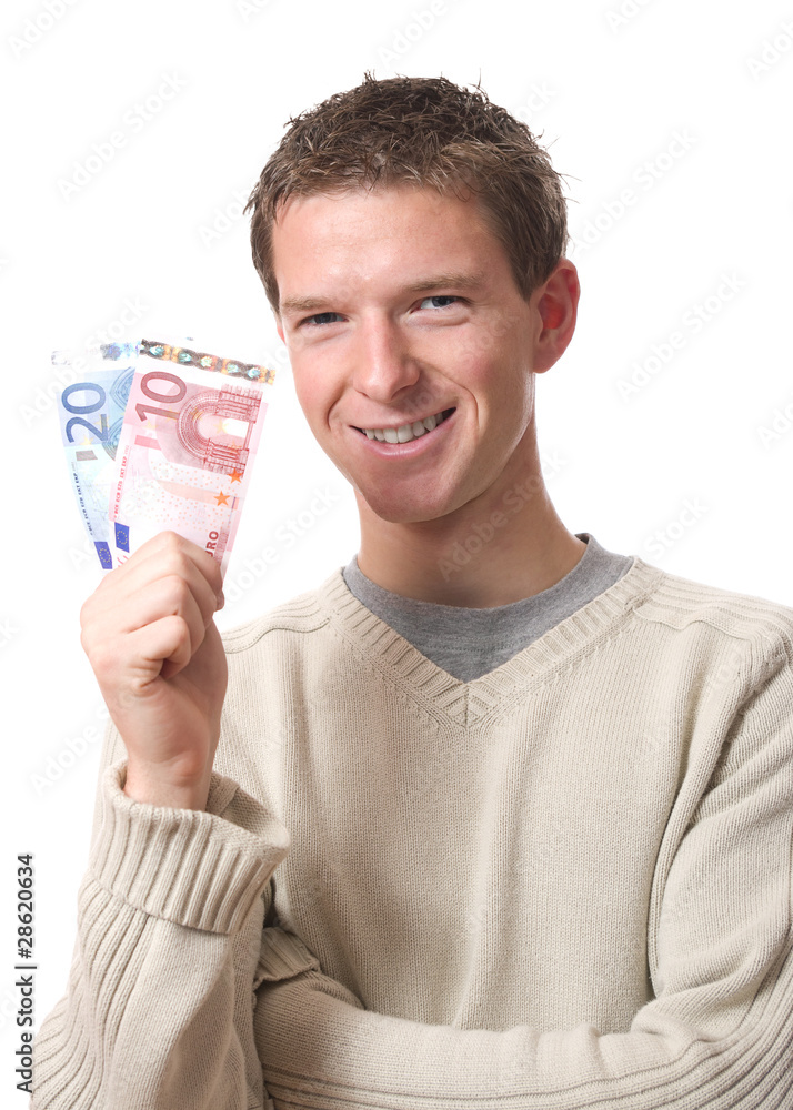 successful young man holding banknotes isolated on white successful young man holding banknotes isolated on white