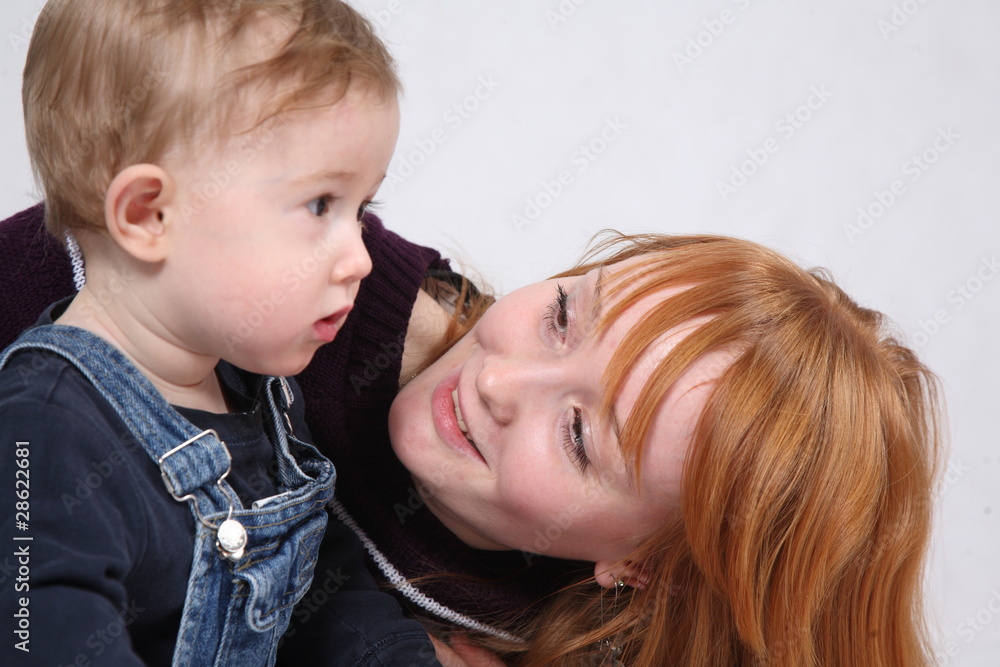 picture of happy mother with baby over white picture of happy mother with baby over white