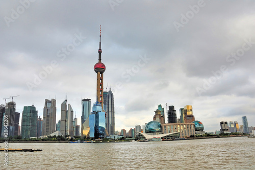 Shanghai the pearl tower and Pudong skyline at sunset.