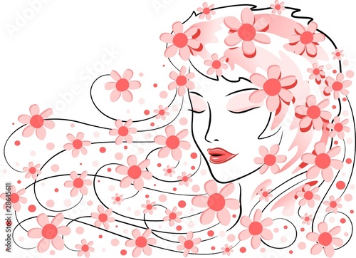 Viso di Donna con Fiori-Girl's Face with Flowers-Vector