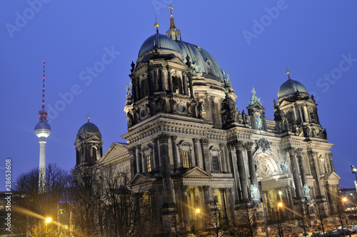 Colorful Berlin Cathedral and television tower at night © seewhatmitchsee