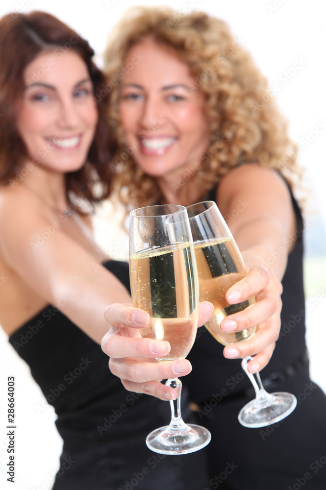 Girlfriends cheering with glasses of champagne Girlfriends cheering with glasses of champagne