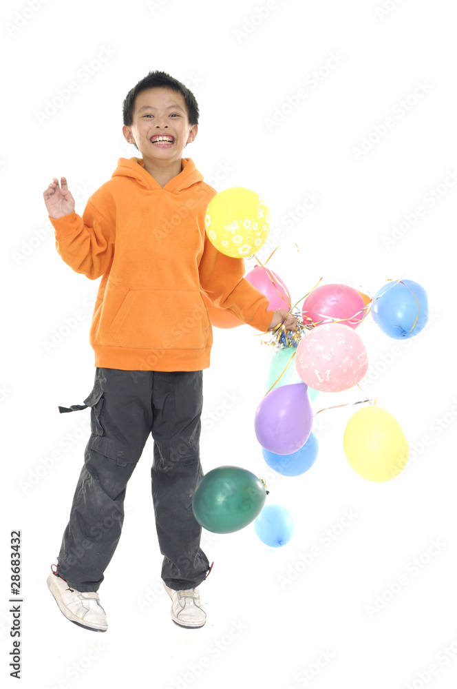 happy boy with colorful balloons over white happy boy with colorful balloons over white