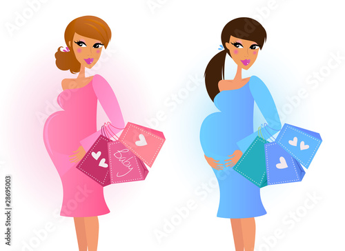 Pregnant women awaiting baby boy and baby girl. VECTOR