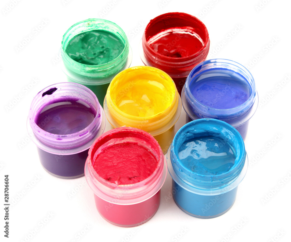 Colorful vibrant cans of gouache isolated on white Colorful vibrant cans of gouache isolated on white