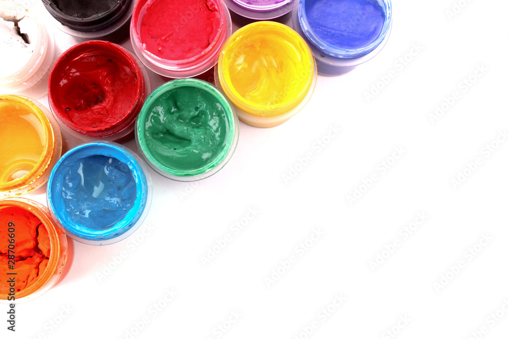 Colorful vibrant cans of gouache isolated on white Colorful vibrant cans of gouache isolated on white
