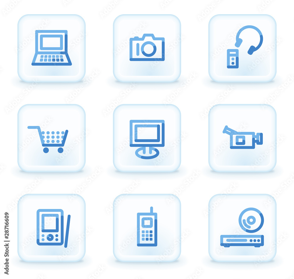 Electronics icons, square ice buttons Electronics icons, square ice buttons