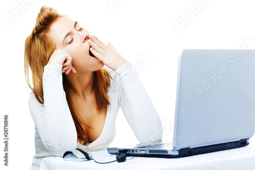 young  business lady over white frustrated with her computer