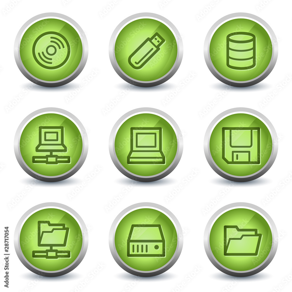 Drives and storage web icons, green glossy set Drives and storage web icons, green glossy set