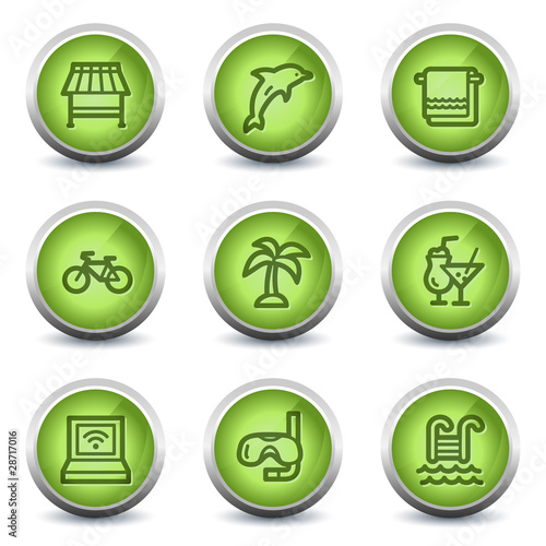 Vacation web icons, green glossy set