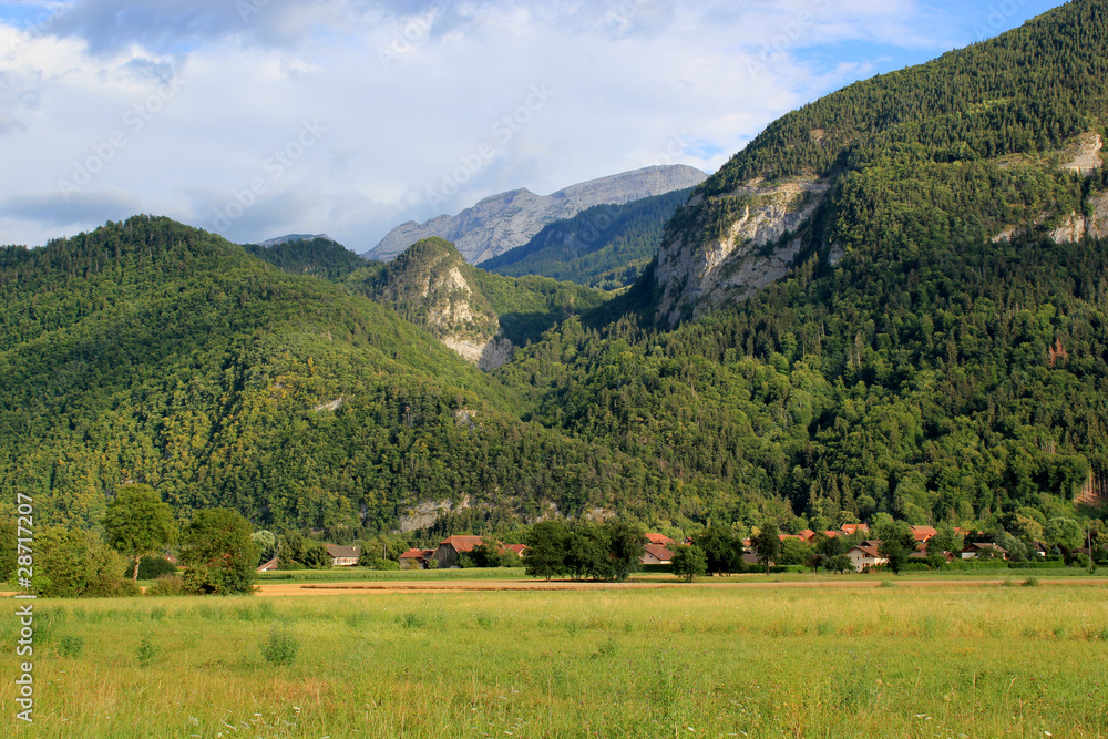 Landscape with mountains, forests, houses in France