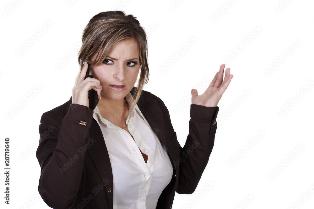 Frau mit Handy hebt Hand mit Unverstehen Frau mit Handy hebt Hand mit Unverstehen