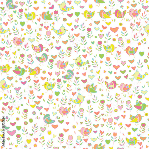 Seamless cute pattern, flowers and birds