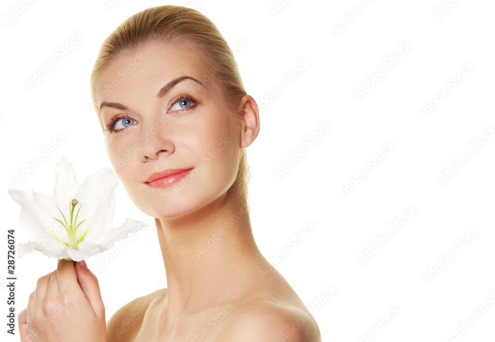 Beautiful blond woman with white lily flower Beautiful blond woman with white lily flower