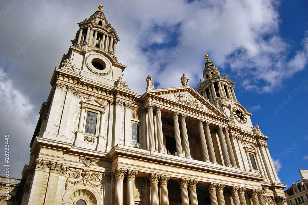 The front facade of St Paul's Cathedral in London, UK.