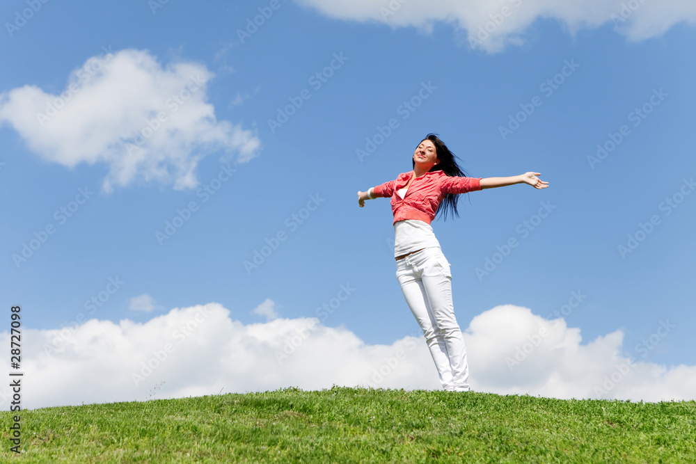 happy young woman dreams to fly on winds happy young woman dreams to fly on winds