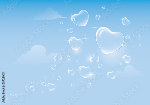 Heart shaped bubbles floating on the sky.
