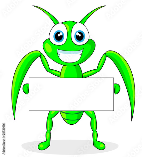 cute praying mantis holding a blank sign