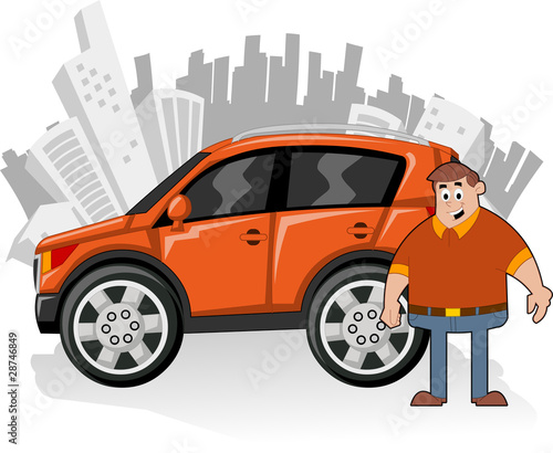 Man and orange utility vehicle with city on background