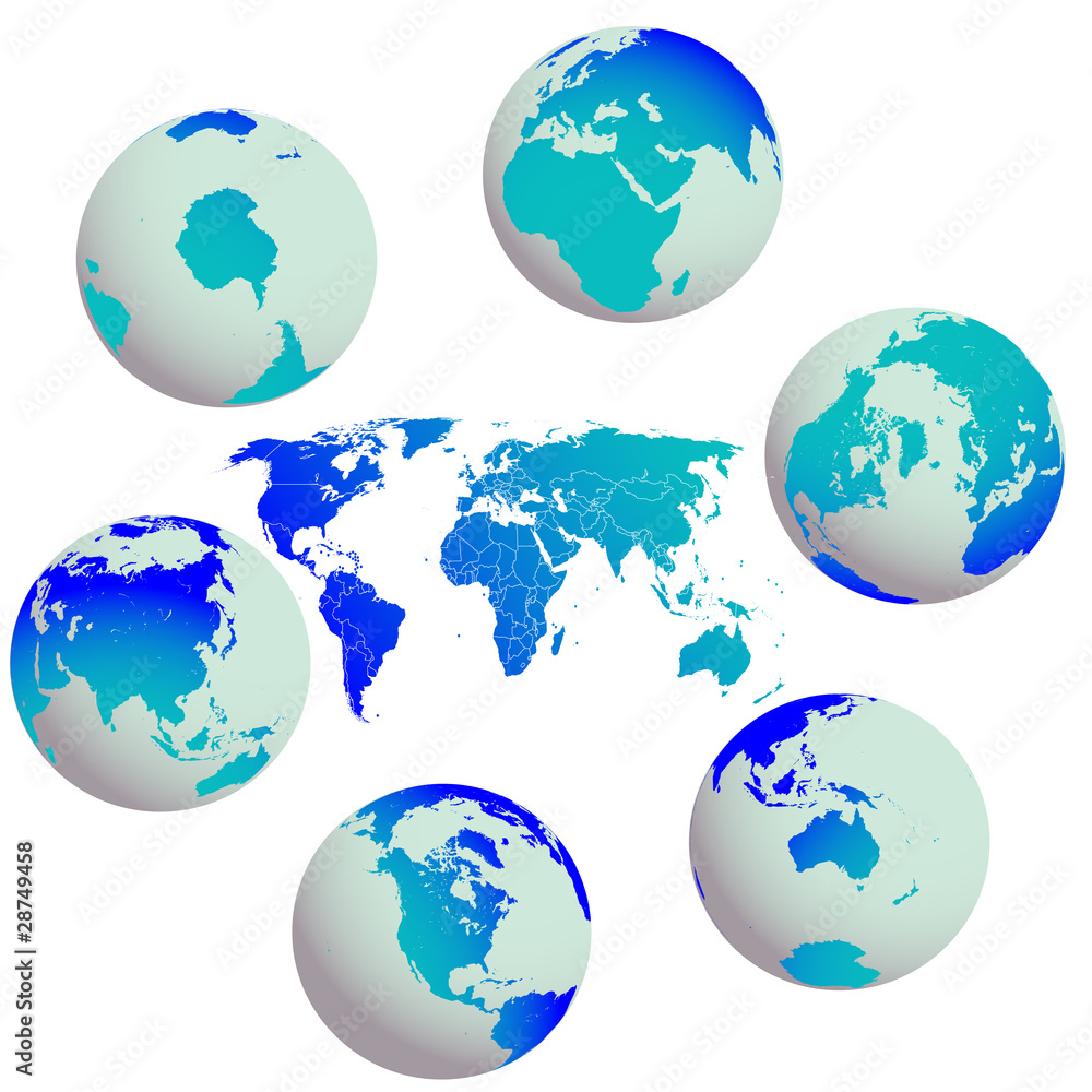 earth globes and world map against white