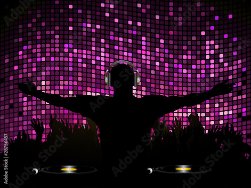 DJ and crowd on pruple mosaic background