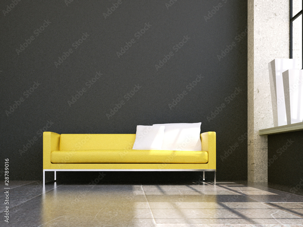 3d Sofa Rendering Leder gelb grau im Loft Stock Illustration | Adobe Stock