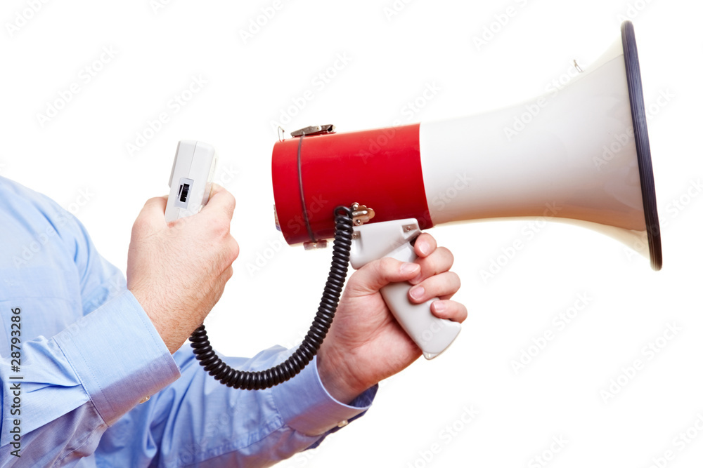 Polizist hält Megafon Stock Photo | Adobe Stock