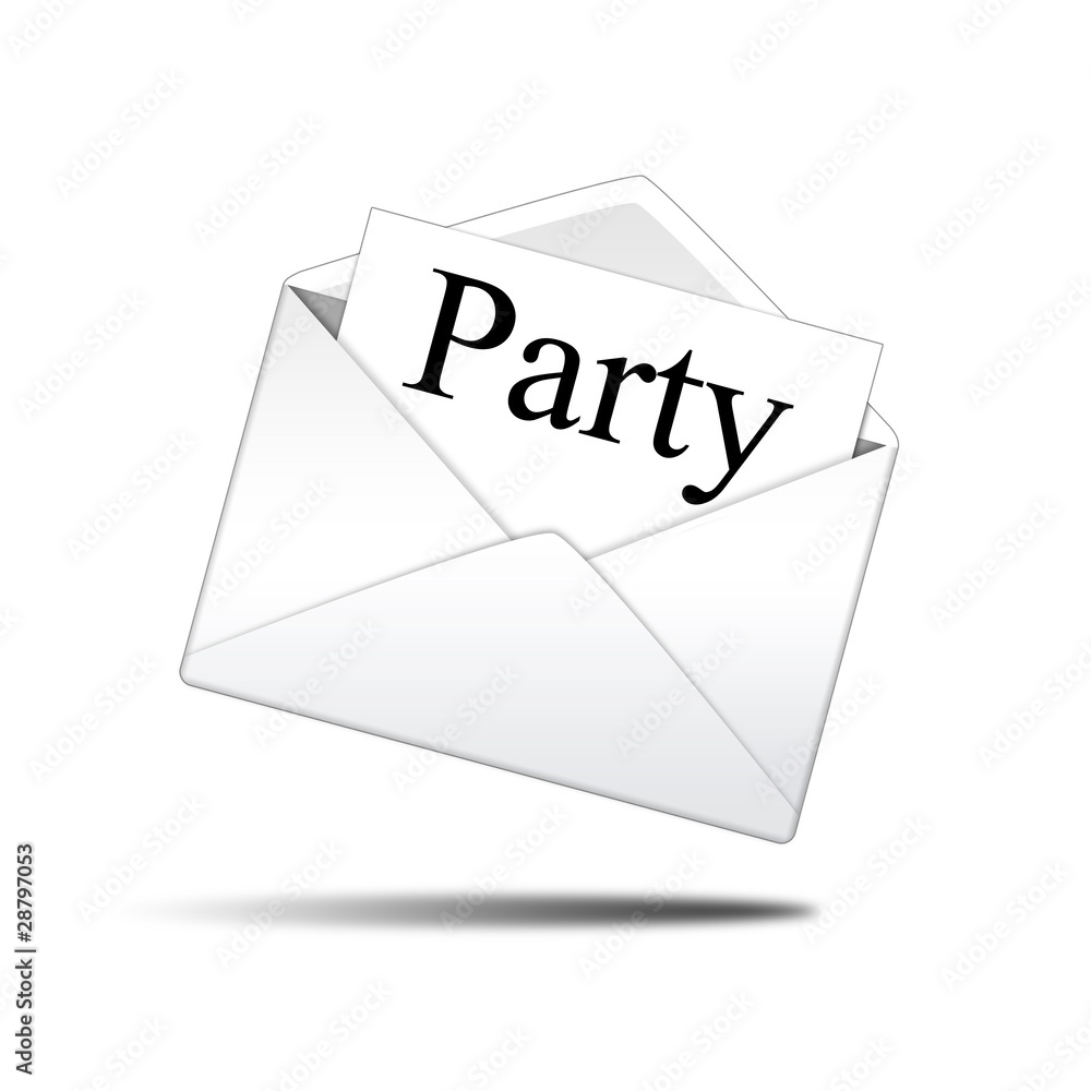 Icono sobre blanco con carta con texto Party Icono sobre blanco con carta con texto Party