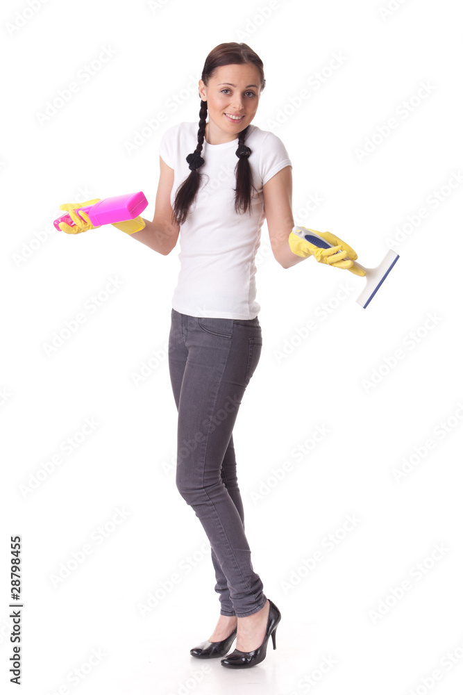 Young woman with spray bottle and brush Young woman with spray bottle and brush