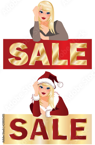 Winter sale banner with girl. vector illustration