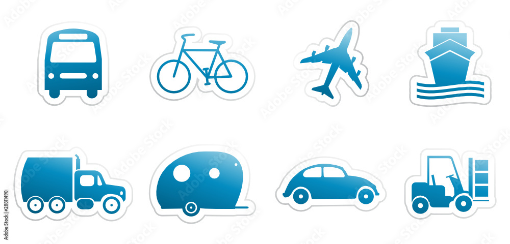 set of blue sticker with transportation theme set of blue sticker with transportation theme
