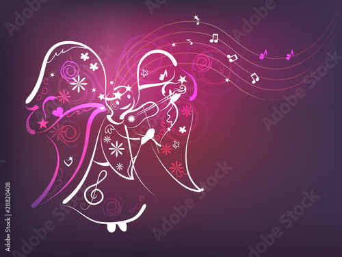 Violet background with angel playing violin.