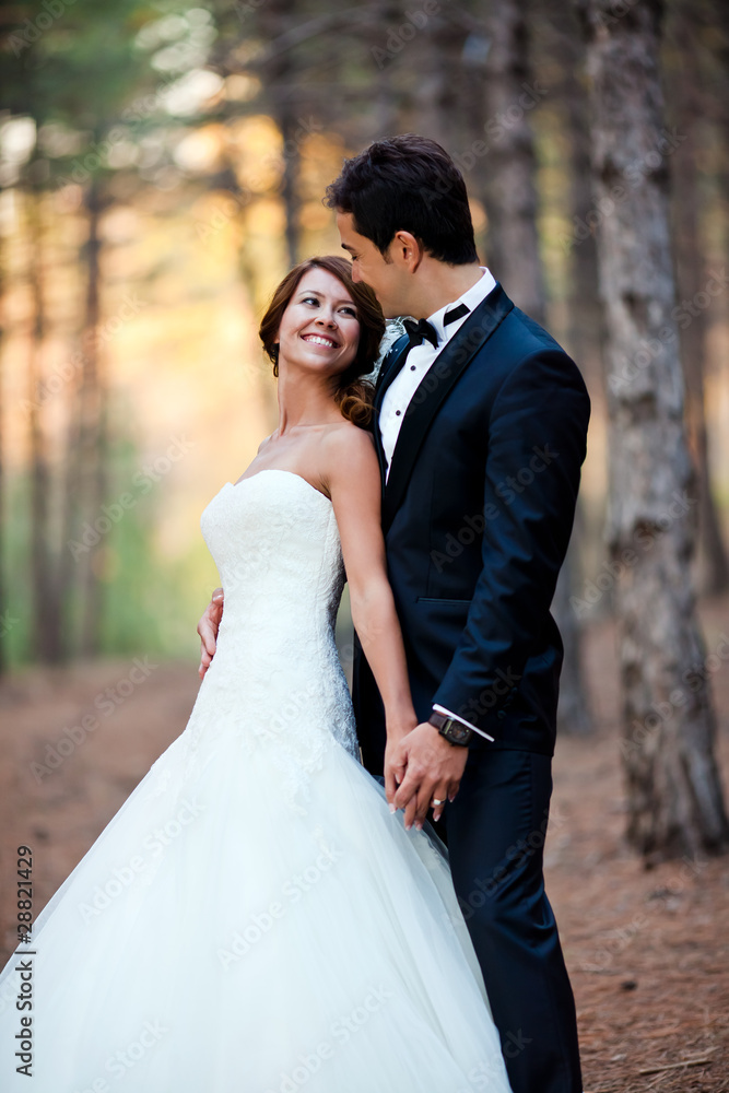 happy bride and groom at a park on their wedding day happy bride and groom at a park on their wedding day