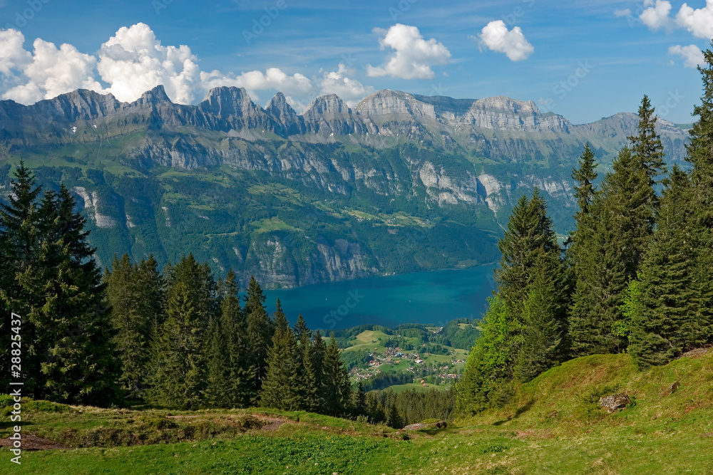 Fototapeta premium View to the lake Walensee from the Flumserberg (Switzerland).