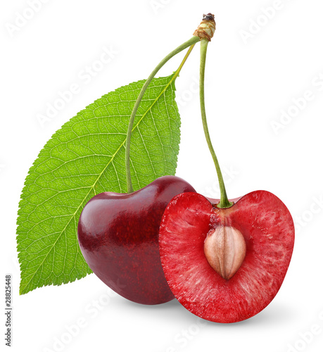 Isolated cherries. Two sweet cherry fruits, one cut in half isolated on white background