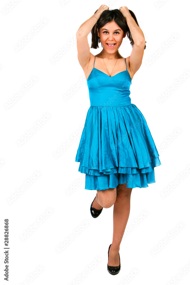 Beautiful Asian girl in a blue dress plays the fool