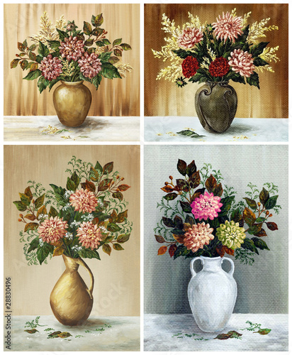 Tableau sur toile Flowers, dahlias in a vases. Picture oil paints on a canvas, set
