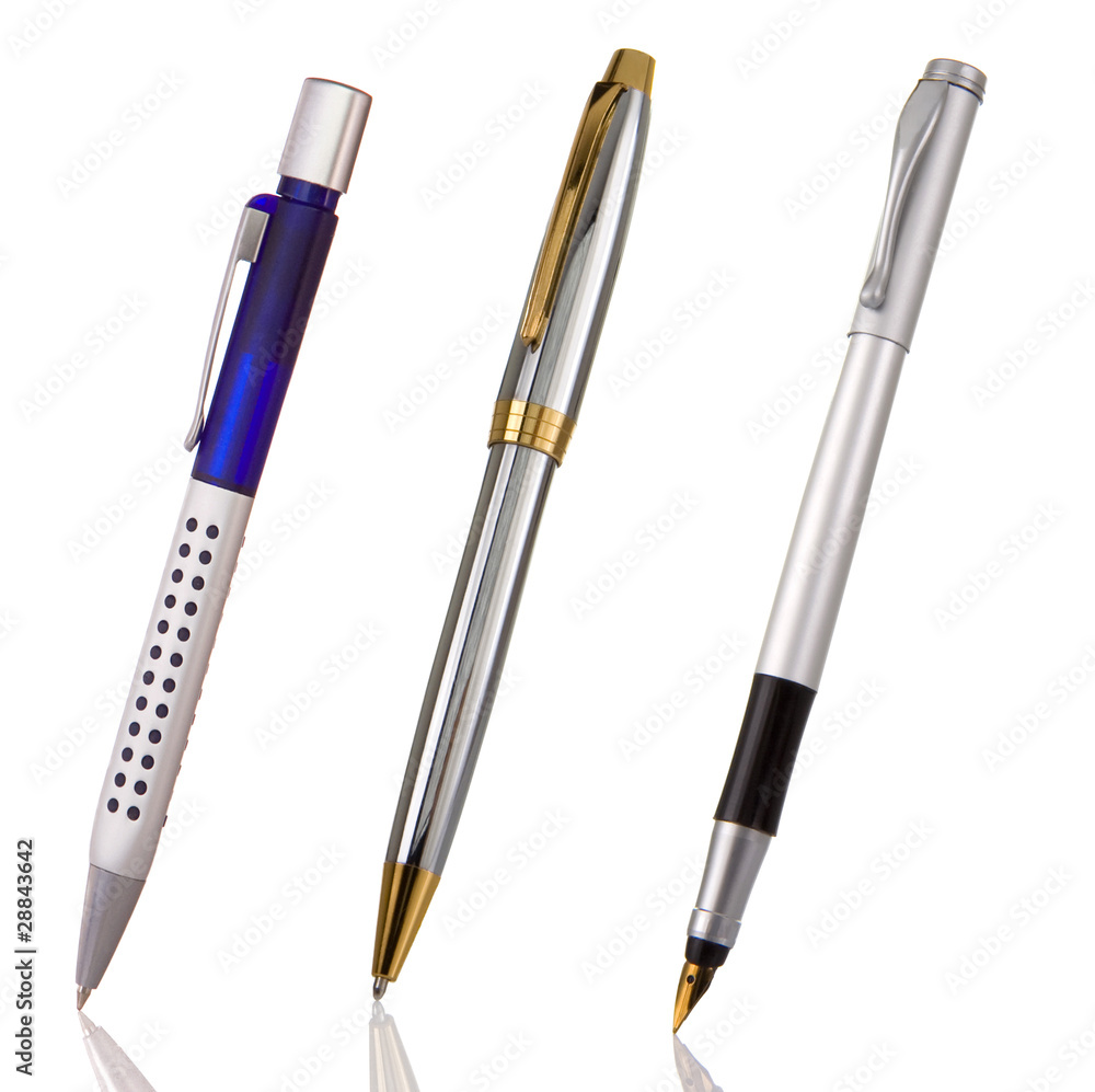 black, blue and silver shining pens isolated on white