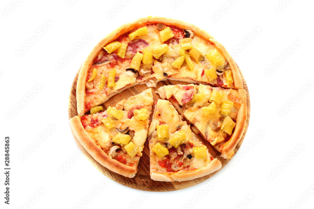 Tasty Italian pizza over white