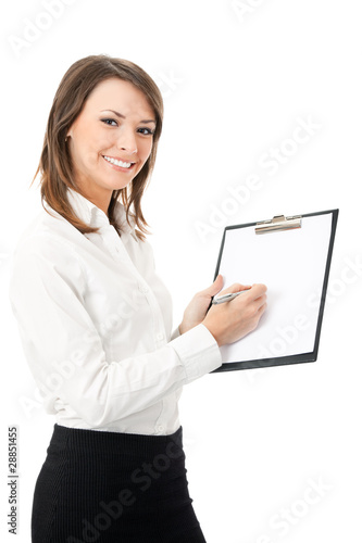 Happy smiling businesswoman writing on clipboard, on white