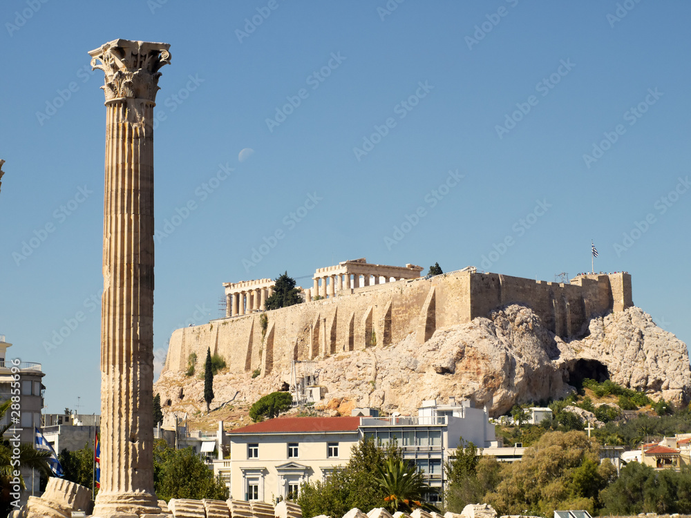 One column of Olympian Zeus temple, and Acropolis of Athens