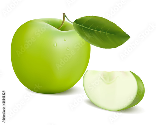 Fresh green apple with green leaf . Vector illustration.