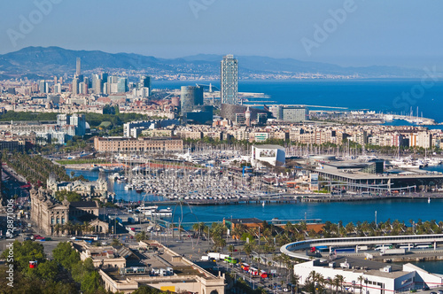 Barcelonas Port Vell bird eye view from Montjuic mount, Spain