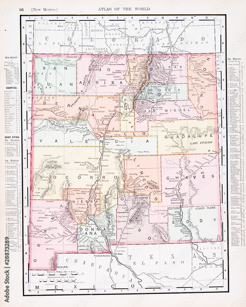 Antique Vintage Color Map of New Mexico, NM, United States, USA