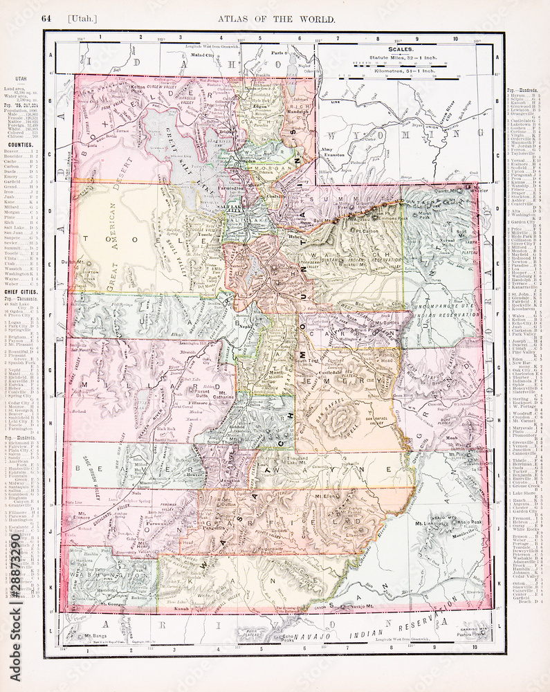 Antique Vintage Color Map of Utah, UT, United States, USA