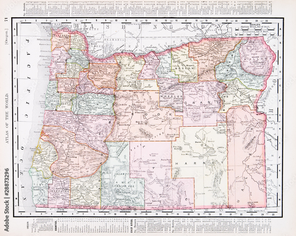 Antique Vintage Color Map of Oregon, OR, United States, USA