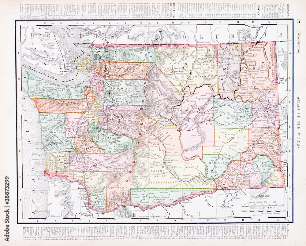 Antique Vintage Color Map of Washington State, WA, USA