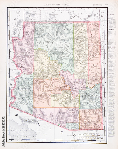 Antique Vintage Color Map of Arizona, AZ, United States, USA