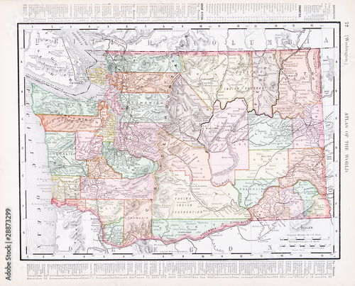 Antique Vintage Color Map of Washington State, WA, USA