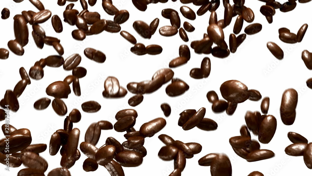 Coffee beans falling down with slow motion over white Coffee beans falling down with slow motion over white